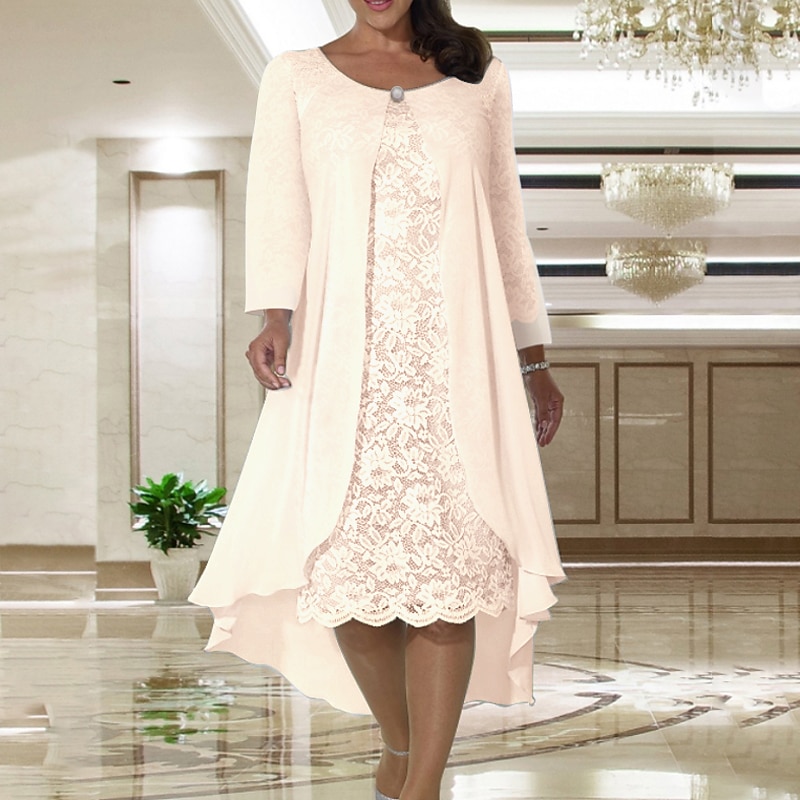 Beach Wedding Two Piece A-Line Mother of the Bride Dress Wedding Guest Elegant Plus Size Jewel Neck Tea Length Chiffon Lace Short Sleeve Jacket Dresses with Solid Color4