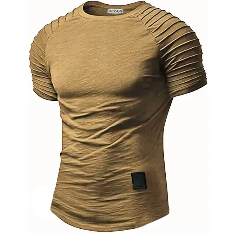Men's T Shirt Short Sleeve Pleated Sleeve Crew Neck Summer Plain Slim Pleated Sport Designer Casual Fashion Vacation Daily Wear Going out Drak Gray White Black Top Tee for Men4