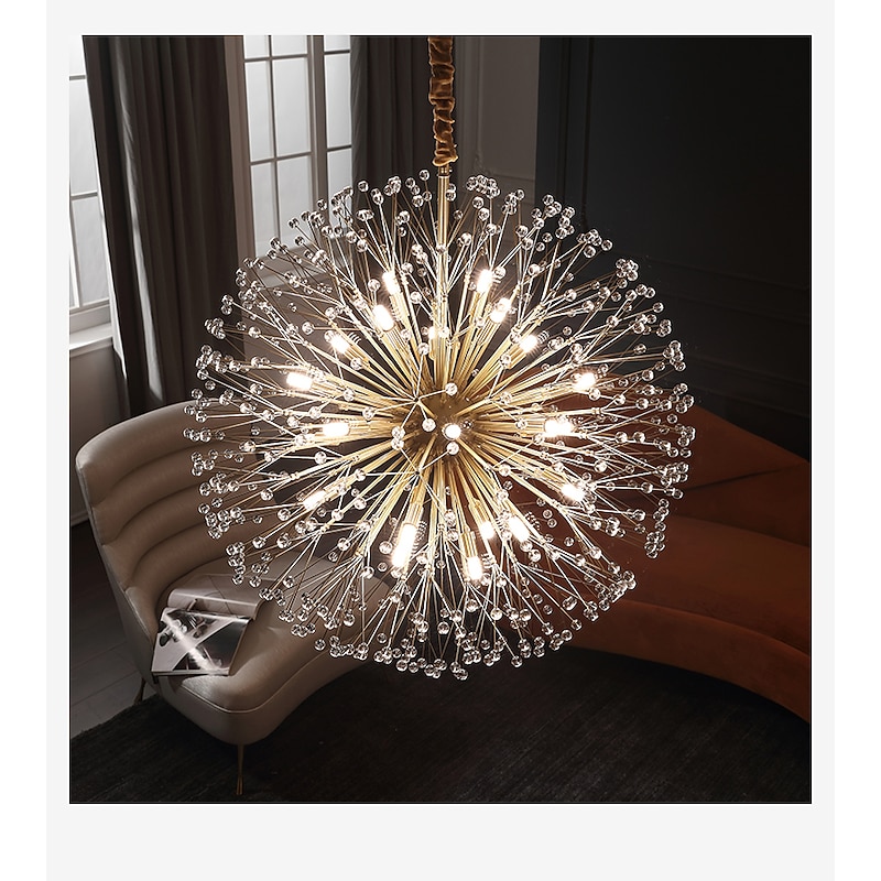 Modern Gold Crystal Chandeliers, 18/24-Light 60/77cm Dandelion Firework Pendant Lighting, Ball Hanging Chandelier Light Fixtures for Dining Room Bedroom Living Room Kitchen Island 110-240V