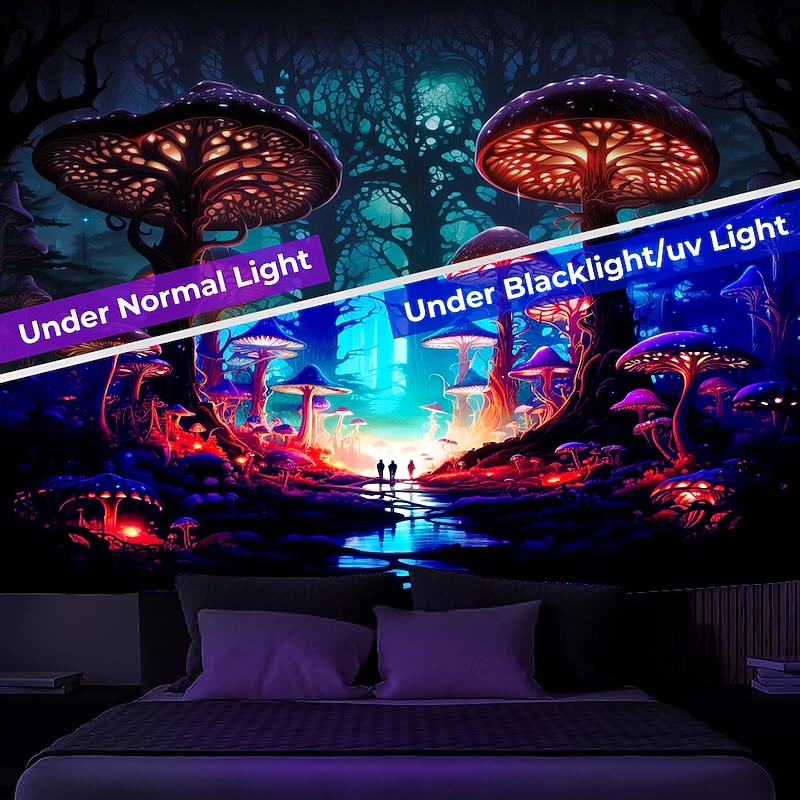 Trippy Magic Mushroom Blacklight Tapestry UV Reactive Glow Party Neon Misty Mushroom Psychedelic Hanging Tapestry Wall Art Mural for Living Room Bedroom2