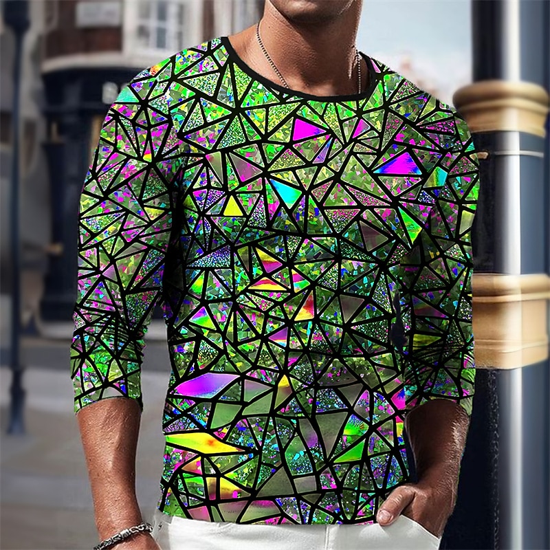 Men's Graphic Geometric T Shirt Long Sleeve T shirt 3D Print Crew Neck Shirt Vintage Fashion Designer Outdoor Daily Sports Royal Blue Blue Green Spring &  Fall Clothing Apparel S M L XL 2XL 3XL3
