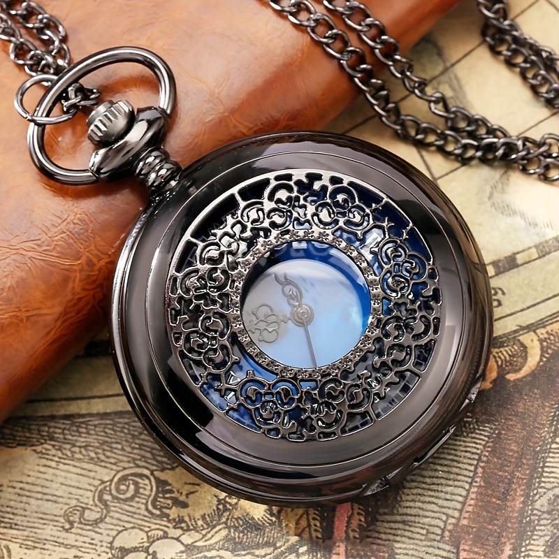 Starry Blue Dial Pocket Watch Roman Numerals Pendant Bronze Hollow Case  Quartz Pocket Watch Steampunk Vintage Necklace Hanging Watches Souvenir Gifts for Men Women3