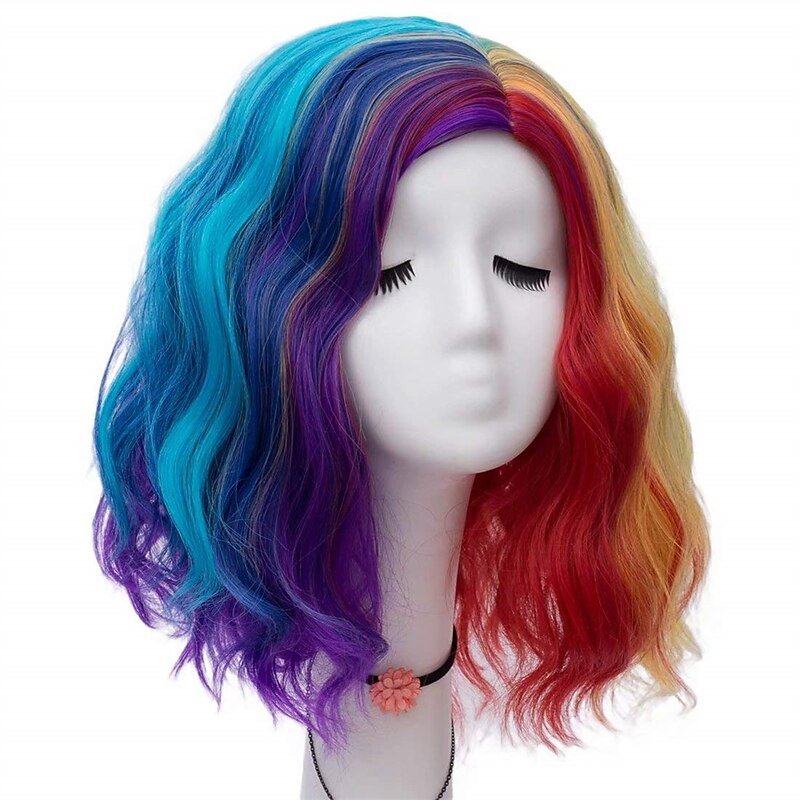 Women 16 Inches Middle Length Water Wave Rainbow Colorful Fashion Daily Cosplay Wig2