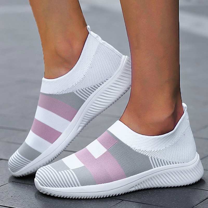 Women's Casual Slip-On Breathable Pink and Gray Striped Sneakers - Comfortable Walking Shoes 9