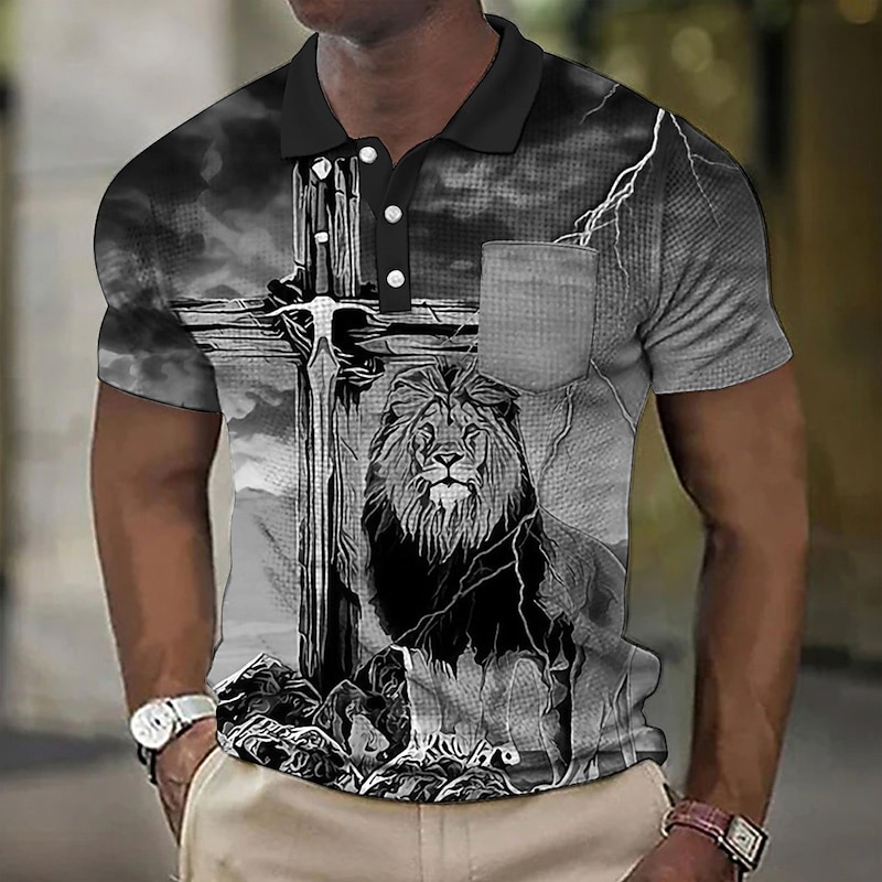 Men's Lion Graphic Prints Cross Waffle Polo Shirts Polo Shirts Lapel Polo Button Up Polos Golf Shirt Short Sleeve Shirt Turndown Outdoor Street Light Yellow Black Yellow Red Blue Print Clothing4