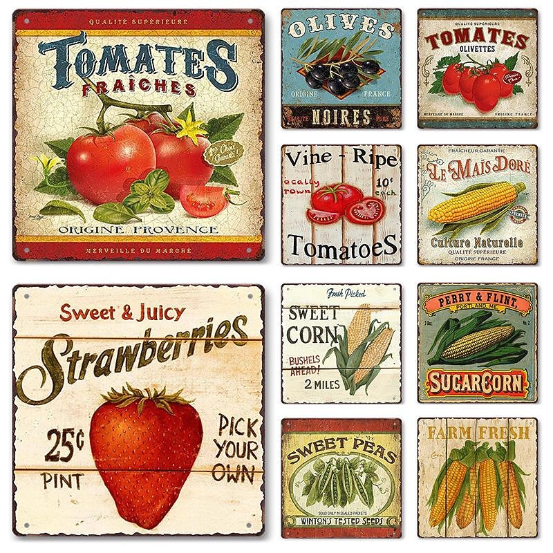 1pc Retro Metal Tin Sign Fruit Tin Sign Vintage Kitchen Signs Wall Decor, Painting Wall Hanging for Restaurant Decor Bar Decor Home Decor Wall Art Metal Tin Sign 30x30cm/12''x12''