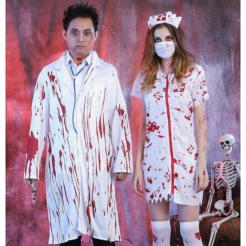 Couples Doctor Bloody Nurse Halloween Group Couples Costumes Men's Women's Movie Cosplay Cosplay Costumes White Costume Halloween Carnival Masquerade