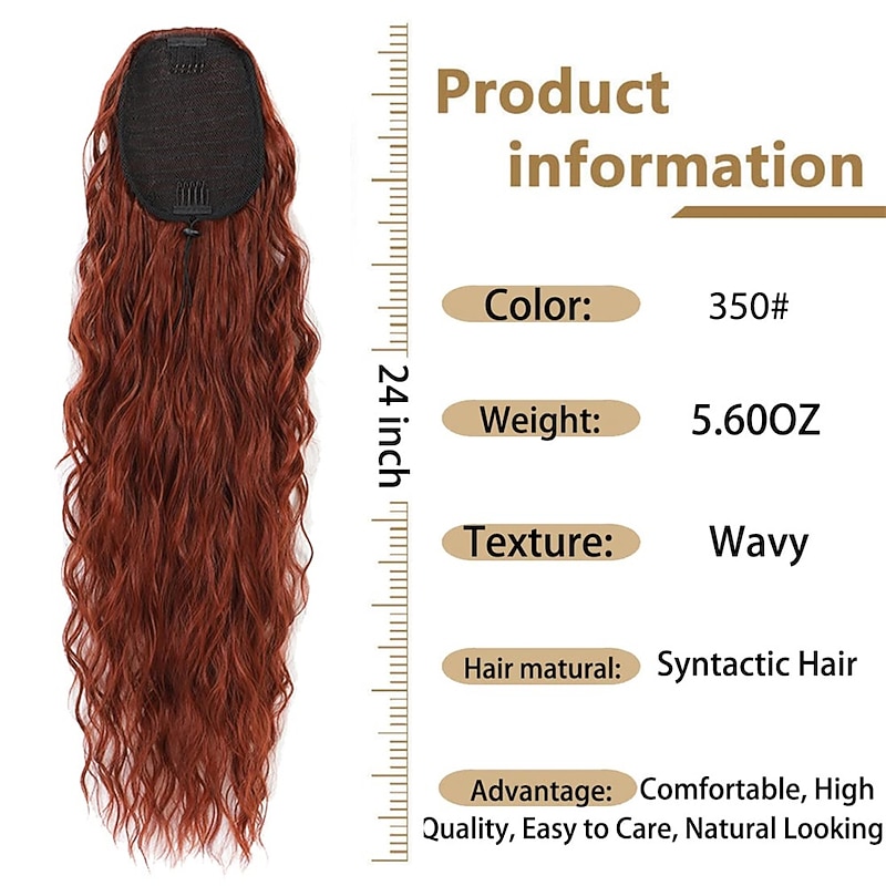 Long Auburn Red Drawstring Ponytail Extension for Women 24 Inch Synthetic Long Curly Wavy Clip in Ponytail Hair Extensions for Daily Party Use2