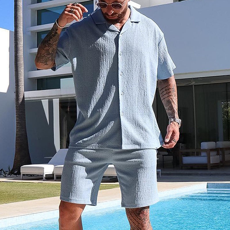 Men's 2 Piece Shirt Set Button Up Shirt Casual Shirt Summer Shirt Black Blue Green Short Sleeve Plain Camp Collar Daily Vacation 2 Piece Clothing Apparel Fashion Casual Comfortable4