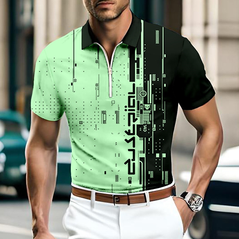 Men's Geometric Zip Polo Shirts Golf Shirt Short Sleeve Polo Shirts Collared Shirts Casual Vacation Wear Formal Wear Festival Wear 3D Print Quarter Zip Polo Blue-Green White Blue4