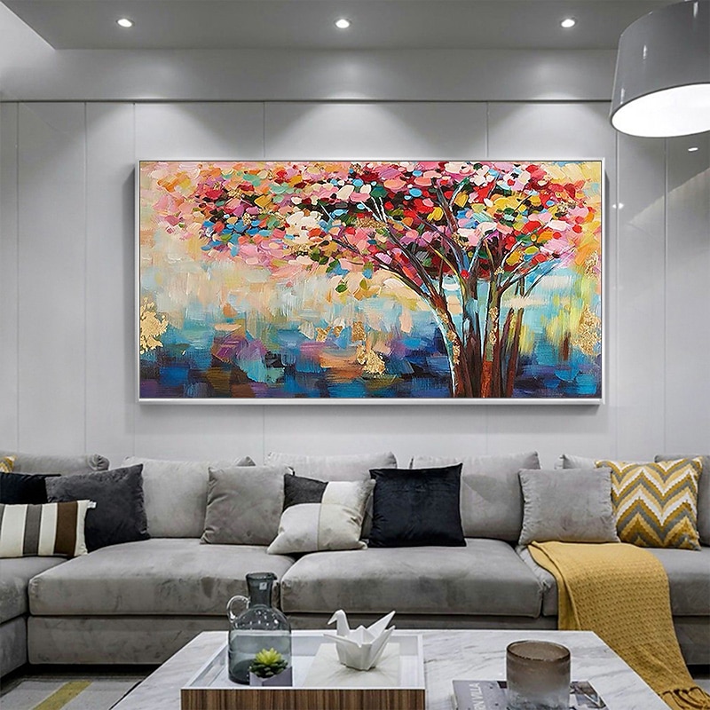 Handmade Oil Painting Canvas Wall Art Decor Original Colorful Colorful thick texture trees in full bloom for Home Decor With Stretched FrameWithout Inner Frame Painting3