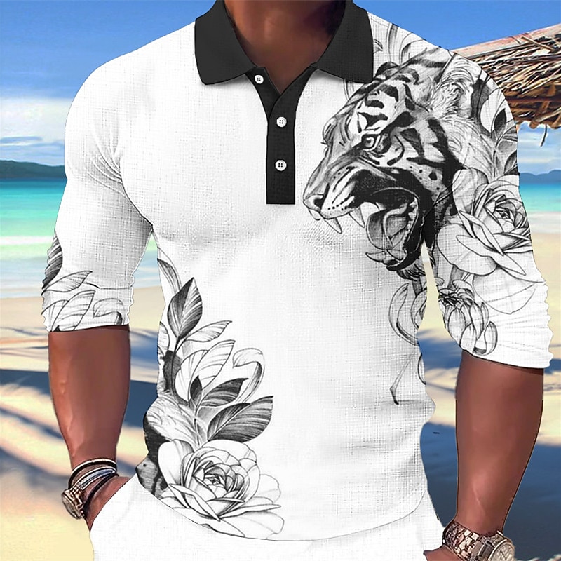 Men's Tiger Hawaiian Polo Shirts Golf Shirt Long Sleeve Polo Shirts Collared Shirts Casual Funny Beach Wear Vacation Wear Party Outfits 3D Print Buttons White Pink Blue