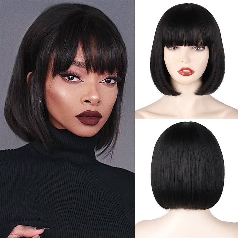Black Short Bob WigStraight Black Bob Wig with bangs 10 inch Straight Bob Bangs Wig for Women Natural Looking for Daily Use Halloween Wigs