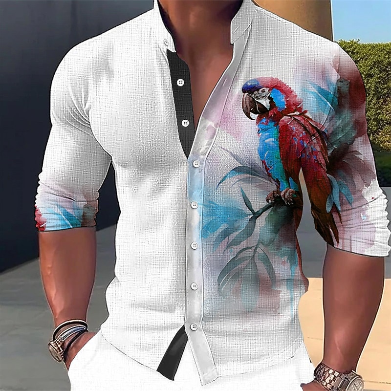 Men's Parrot Shirt Button Up Shirt Long Sleeve Fashion Streetwear Designer Outdoor Casual Daily Summer Spring Fall Stand Collar Print Yellow Pink Red Blue Green3