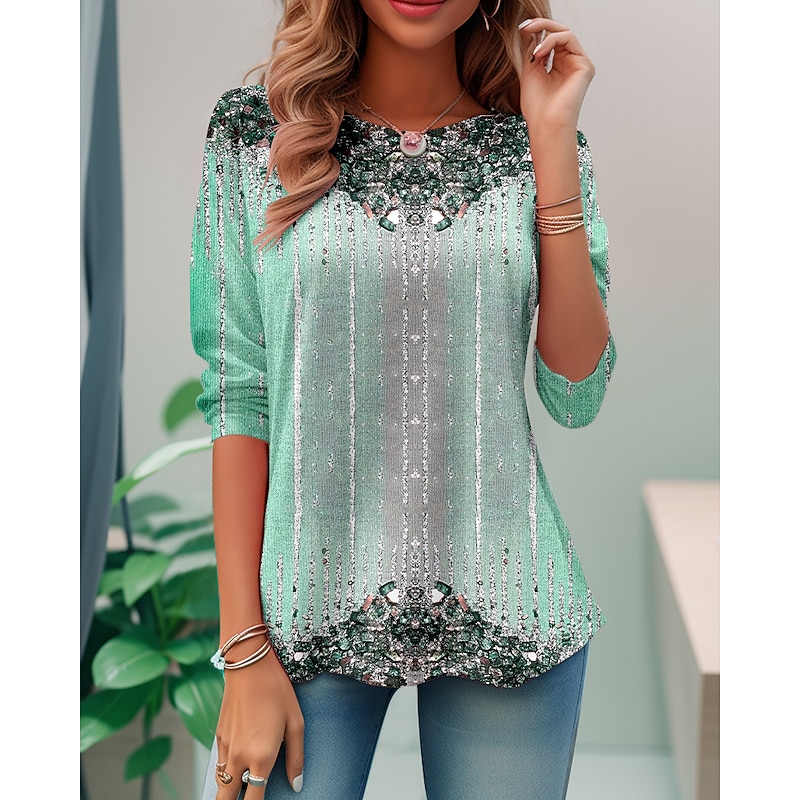 Women's T shirt Crew Neck Long Sleeve Tunic Graphic Daily Basic Round Neck Regular Tops Daily Weekend Print Red Blue Purple Green Light Blue Fall & Winter3