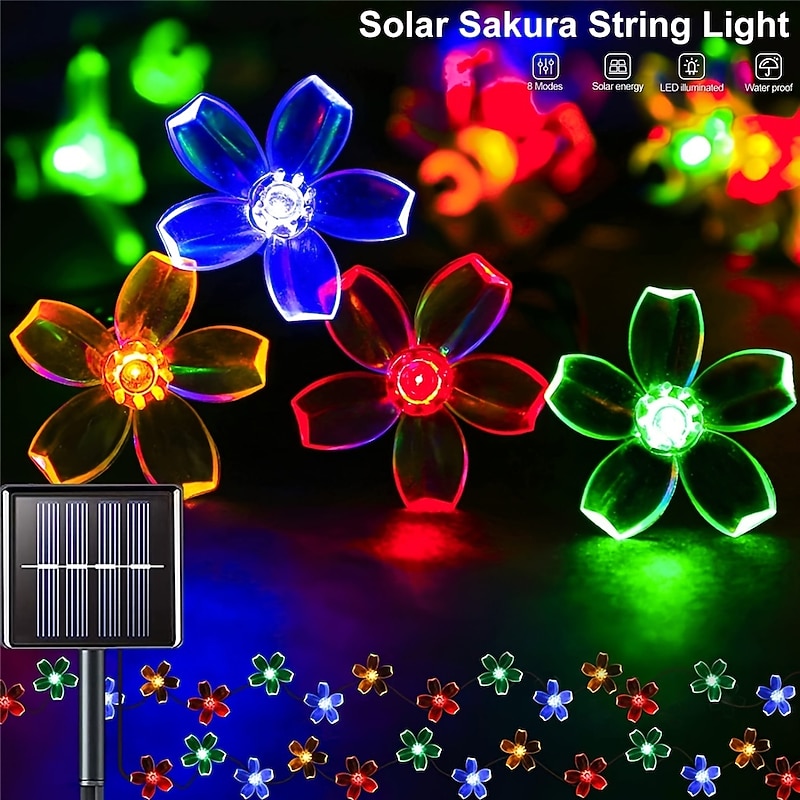 Flower Solar Fairy Lights Sakura Outdoor Waterproof Garden Lights Camping Novelty Courtyard String Lights For Christmas Cafe Garden Backyard Balcony Porch Decoration
