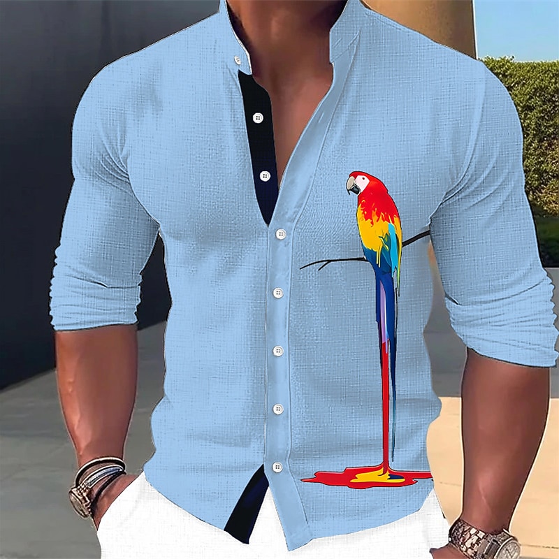 Men's Parrot Shirt Button Up Shirt Long Sleeve Fashion Streetwear Designer Outdoor Casual Daily Summer Spring Fall Stand Collar Print Black White Blue Green Khaki2