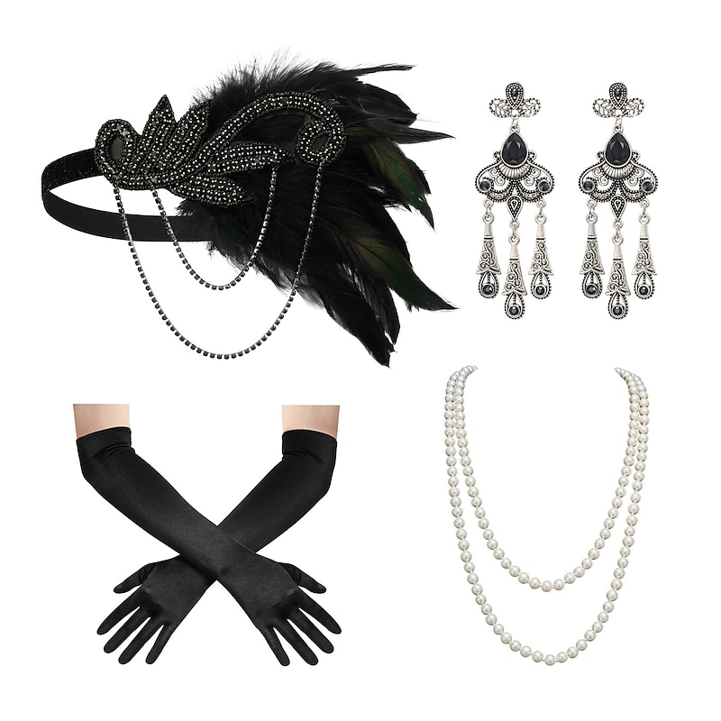 1920s Flapper Headband Feather Accessories Set for Women 4 PCS Roaring 20s Great Gatsby Faux Pearl Necklace Gloves Earrings Masquerade Halloween Carnival2