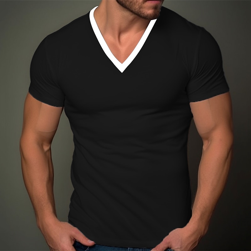 Men's T Shirt Tee Top Short Sleeves V Neck Summer Plain Fashion Designer Basic Vacation Street Going out Black White Khaki Top Tee for Men