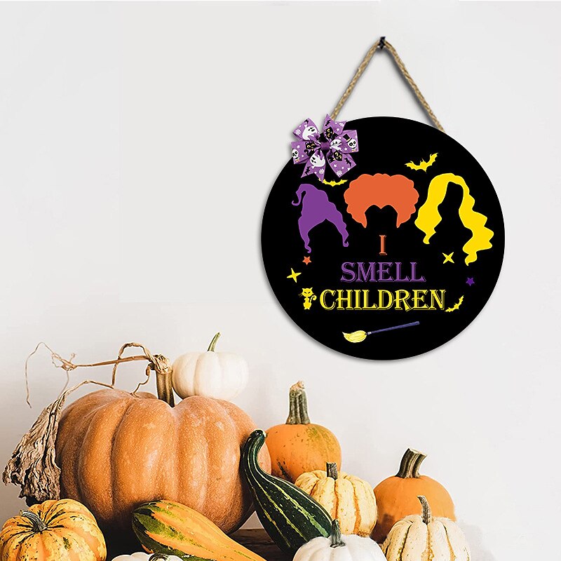 Halloween Door Sign Hocus Pocus Decor - I Smell Children Wall Decor - Wooden Door Hangers Wreath with Bow for Halloween Decorations Indoor Party Supplies3