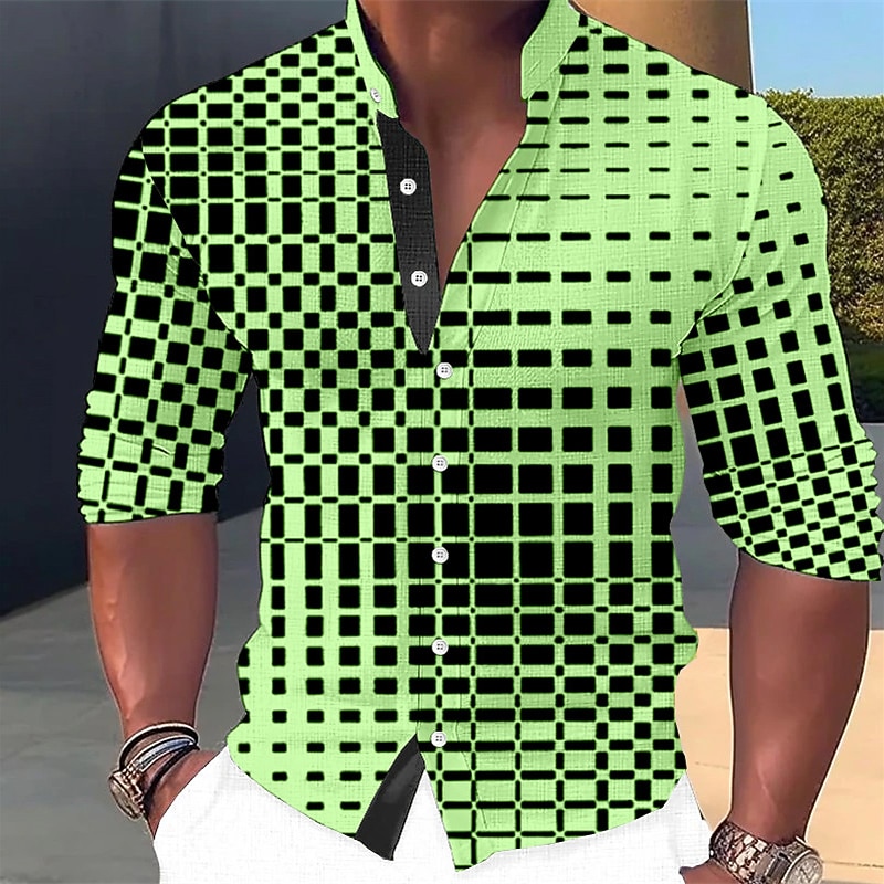 Men's Plaid / Check Geometric Pattern Geometry Shirt Button Up Shirt Long Sleeve Fashion Streetwear Designer Outdoor Casual Daily Summer Spring Fall Stand Collar Print Black White Light Green Pink4