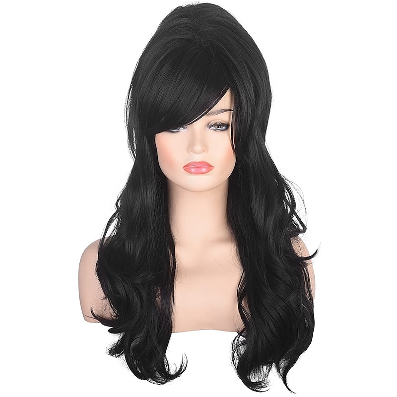 Women Black Beehive Wig Long Curly Wavy Bouffant Heat Resistant Synthetic Hair wigs for Womens Vintage Costume Cosplay Carnival Party Halloween Wigs