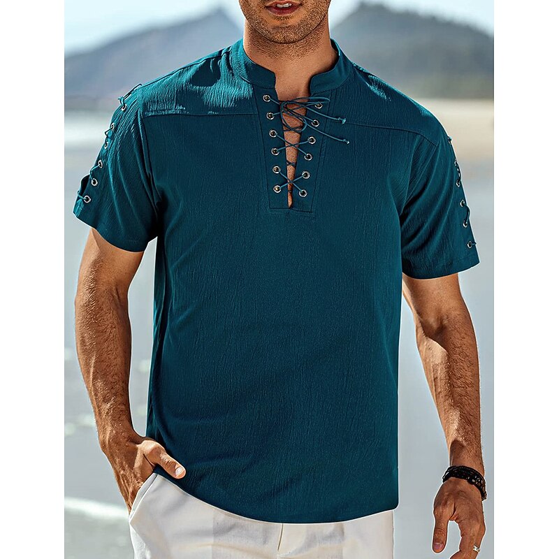 Men's Shirt Linen Shirt Casual Shirt Beach Shirt Plain Vacation Hawaiian Black White Blue Brown Short Sleeve Stand Collar Spring & Summer Clothing Apparel Basic2