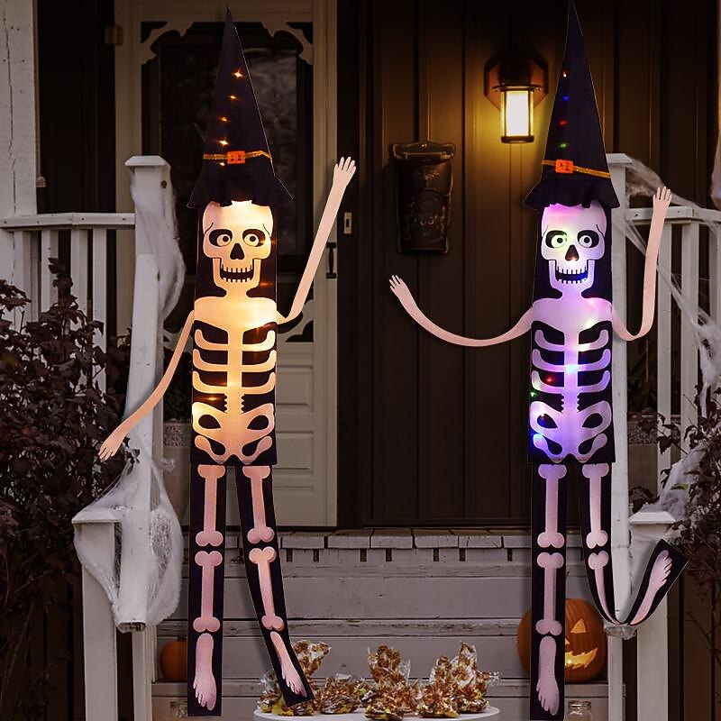LED Light Halloween Skeleton Ghost Hanging Ornament Horror Glowing Skull Witch Hat Lamp Halloween Party Home Outdoor Decorations2