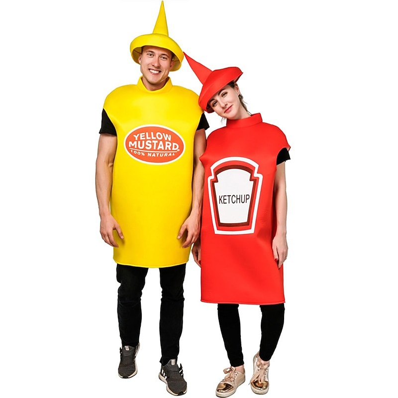 Couples Mustard Ketchup Cosplay Costume Funny Costumes Halloween Group Couples Costumes Men's Women's Movie Cosplay Cosplay Costumes Funny Costume  Onesie Hat Halloween Carnival Masquerade