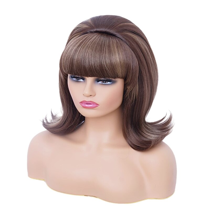 Short Brown Mixed Wig with Bang Retro Bouffant Beehive Wigs fits 80s Costume or Carnival Party Halloween Wigs2