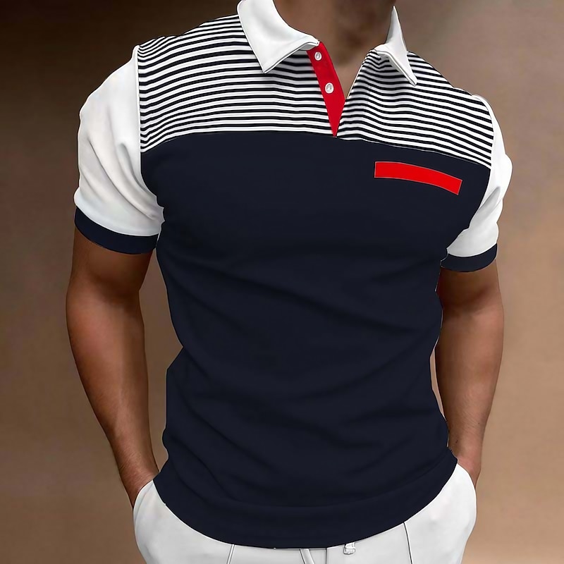 Men's Polo Golf Shirt Casual Sports Lapel Classic Short Sleeve Fashion Basic Color Block Stripes Patchwork Stripe Summer Regular Fit Wine Black White Yellow Blue Polo2