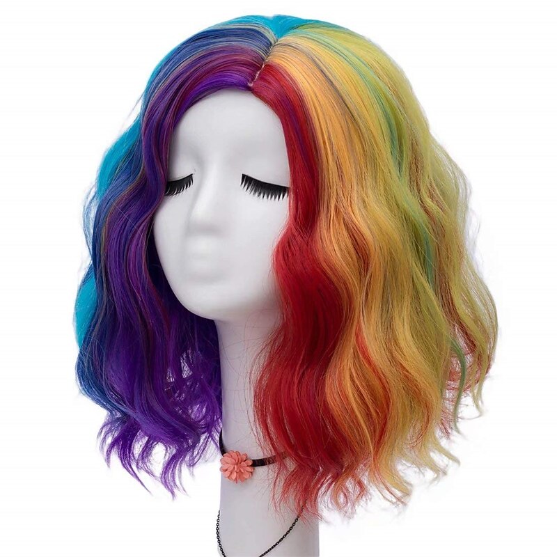Women 16 Inches Middle Length Water Wave Rainbow Colorful Fashion Daily Cosplay Wig3