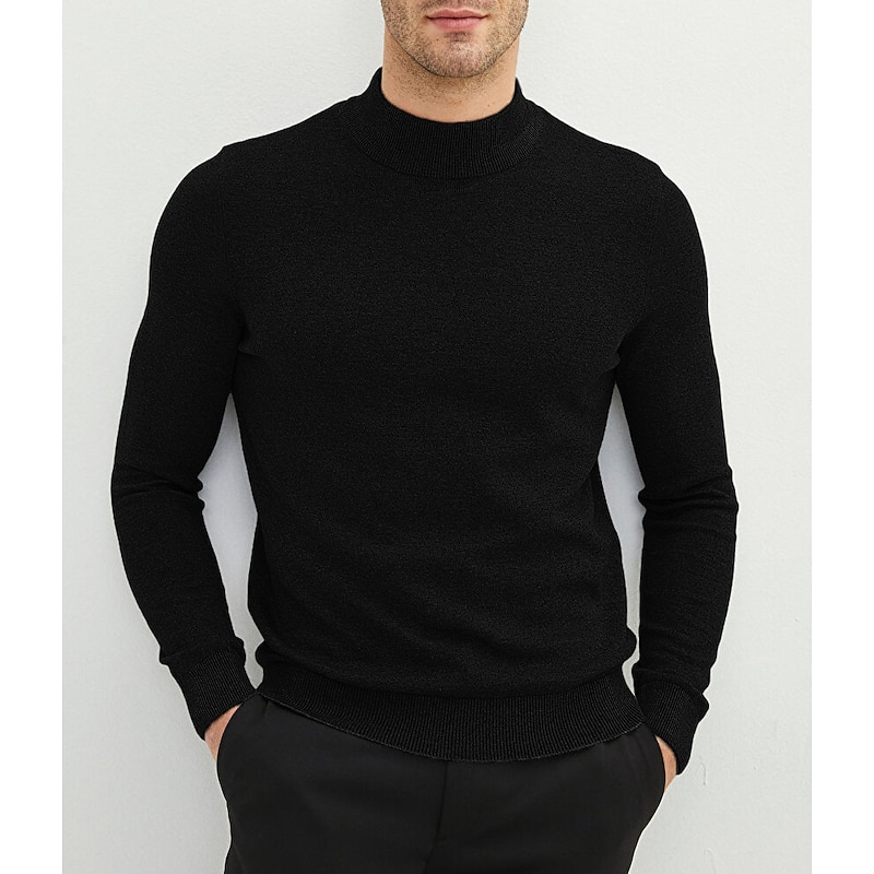 Men's Sweater Pullover Sweater Jumper Ribbed Knit Knitted Plain Mock Neck Stylish Casual Daily Wear Vacation Clothing Apparel Spring &  Fall Black White S M L2