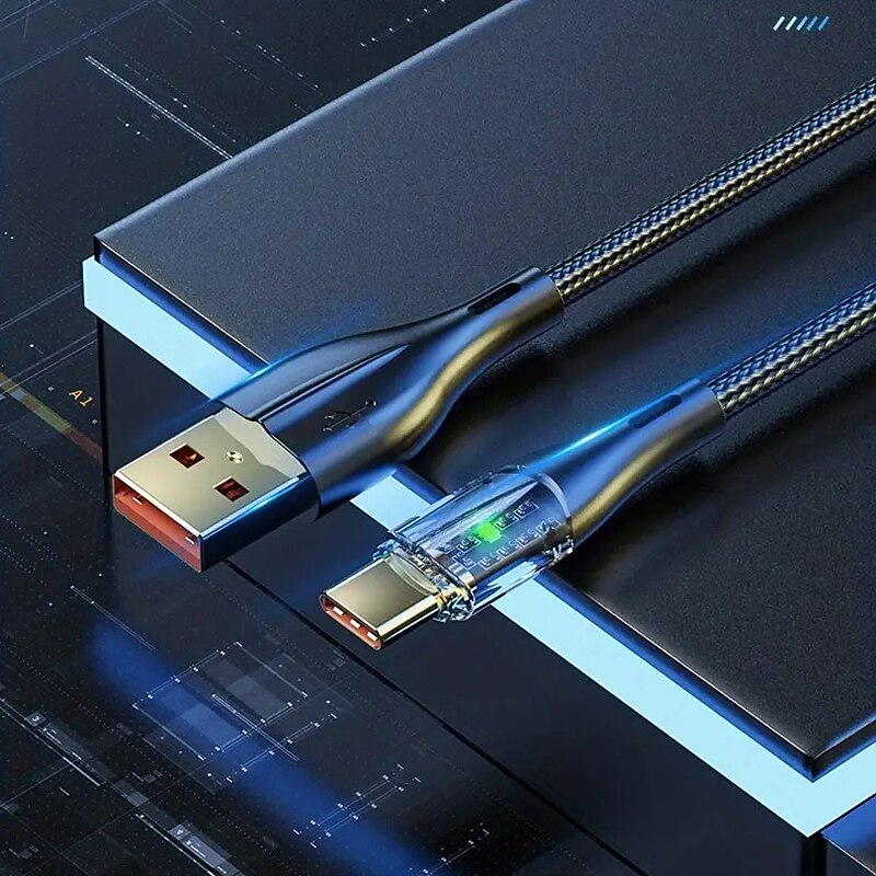 120W Fast Charging Cable 6A Transparent Shell Design Indicator Light Type-C Suitable for Apple Samsung LeTV Xiaomi LG BBK Oppo - 100cm/150cm/200cm3