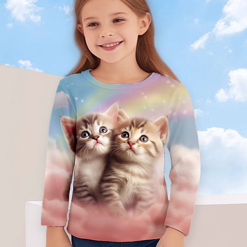 Girls' 3D Cartoon Cat Cloud T shirt Tee Long Sleeve 3D Print Summer Spring Fall Active Fashion Cute Kids 3-12 Years Outdoor Casual Daily Regular Fit3