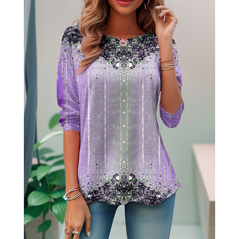 Women's T shirt Crew Neck Long Sleeve Tunic Graphic Daily Basic Round Neck Regular Tops Daily Weekend Print Red Blue Purple Green Light Blue Fall & Winter2