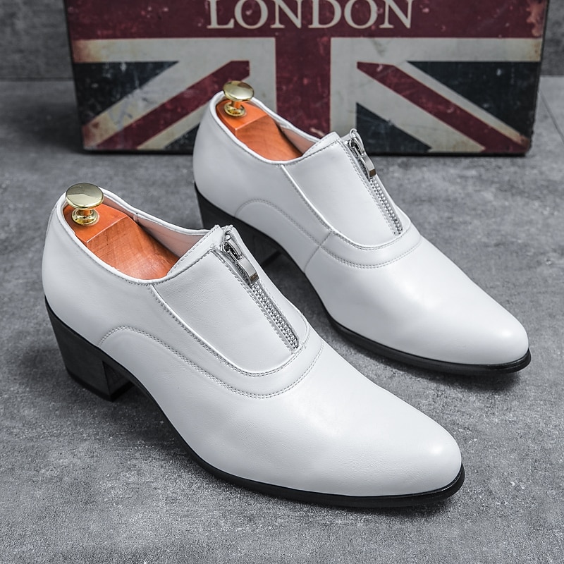 Men's White Faux Leather Zipper Oxford Shoes - Pointed Toe Slip-On Formal Dress Shoes with Low Heels for Weddings and Business Events