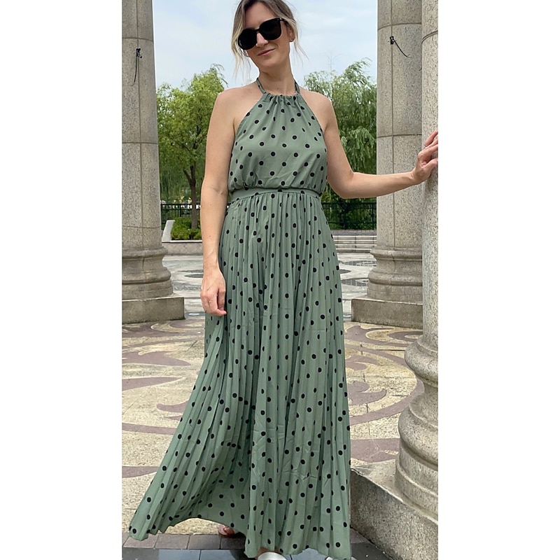 Women's Casual Dress Swing Dress Polka Dot Dress Long Dress Maxi Dress Chiffon Dress Pleated Green Black Blue Sleeveless Print Spring Summer Halter Neck Vacation Beach Daily 2023 S M L XL4