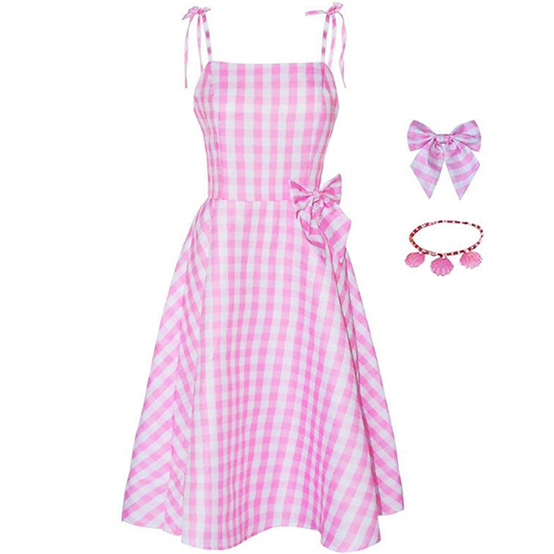 Couples Movie Doll Outfits Pink Plaid Dress Hawaiian Shirt Shorts Men's Women's Couple's Cosplay Costume Halloween Carnival Masquerade Beach Vacation2