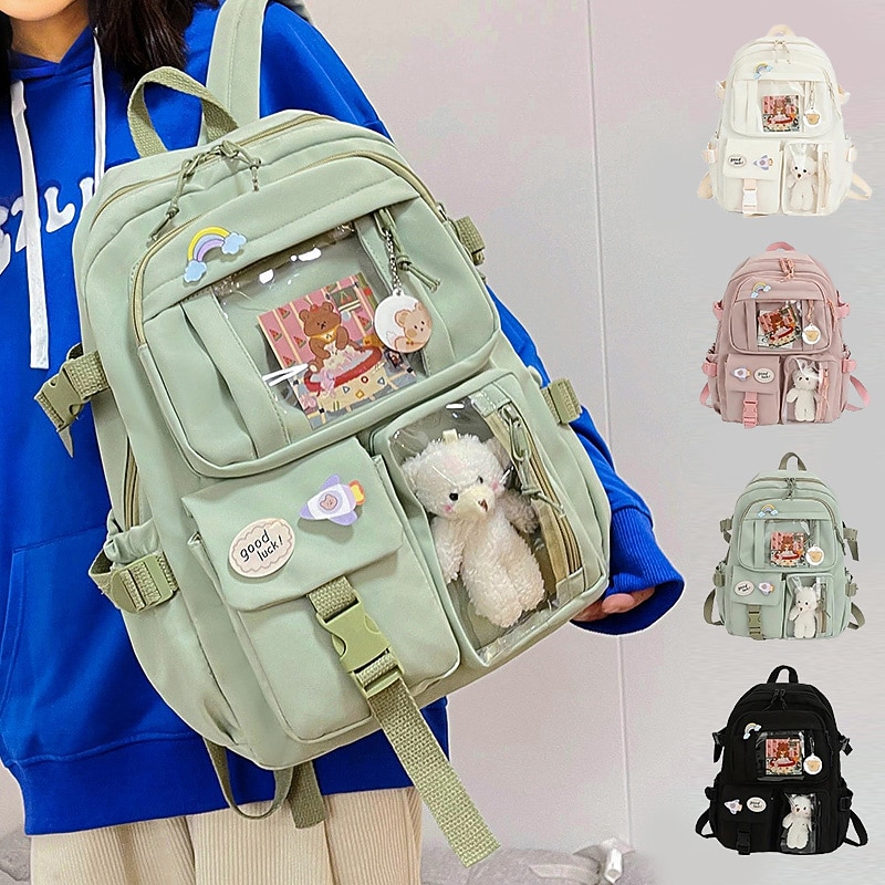 Cute Transparent Pocket Backpack Waterproof with Plush Toy - Large Capacity, Multi-Pocket Back to School Bag for Girls in Multiple Colors