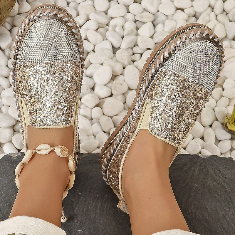 Women's Glitter Slip-On Loafers – Sparkly Rhinestone Embellished Platform Shoes for Casual Wear and Summer Outings3