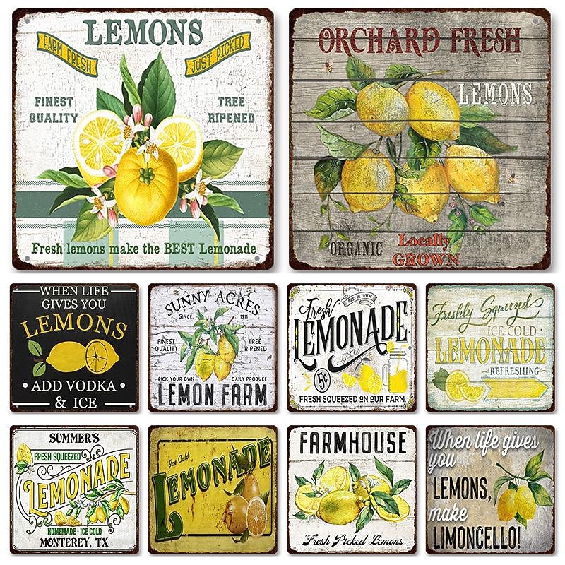 1pc Lemon Metal Tin Sign Bar Tin Sign Vintage Kitchen Signs Wall Decor, Painting Wall Hanging for Restaurant Decor Bar Decor Home Decor Wall Art Metal Tin Sign 30x30cm/12''x12''
