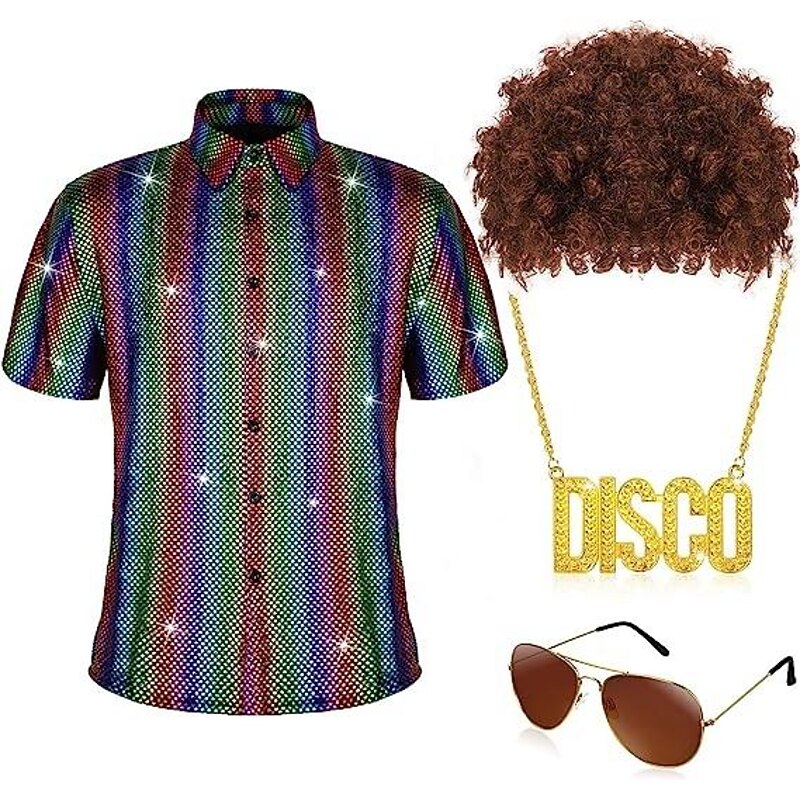 Retro Vintage 1970s Disco Cosplay Costume Outfits Cosplay Fancy Dress Men's Carnival Masquerade Party / Evening Pride Parade Pride Month Adults' Blouse Glasses Neckwear Spring & Summer