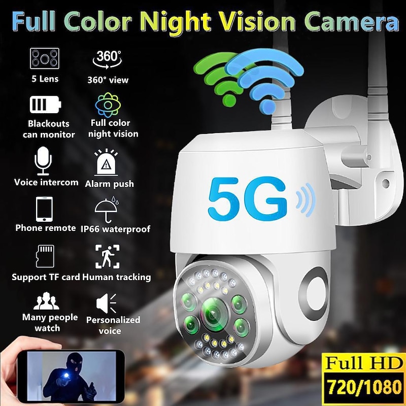 Five Lens HD 1080P/720P Wireless Speed Dome PTZ WiFi IP Camera Two-way Intercom Full Color Night Vision Motion Detection 5G Dual-band IP66 Waterproof Indoor and Outdoor Surveillance Camera
