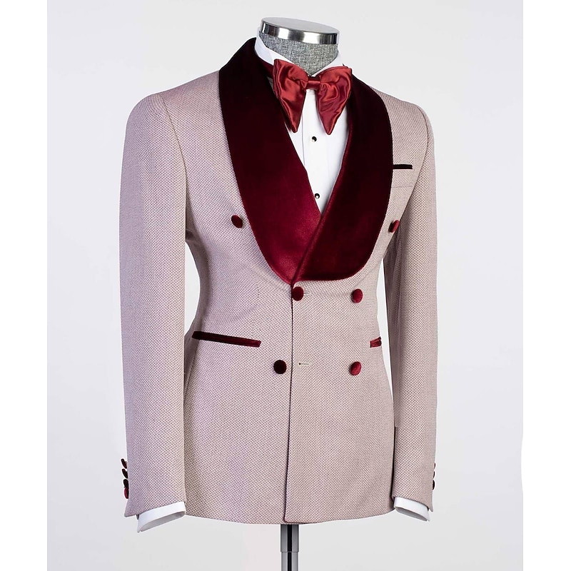 Men's Wedding Prom Suits Shawl Collar Burgundy Patterned Tailored Fit 2 Piece Single Breasted Two-buttons3