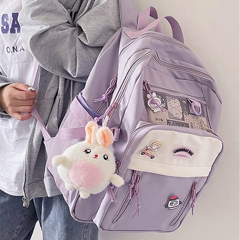 Girls' Aesthetic Purple Backpack with Bunny Plush Keychain and Mesh Pocket – Lightweight Waterproof School Bag for Teen Students and Daily Use