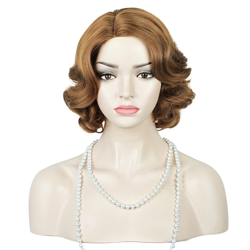 Brown 1920S Flapper Wavy Wig Finger Wavy Vintage Wig Side Parting 1960S Vintage Wig Curl Wavy Wig Cosplay Wig Platinum Wig Vintage Wig for Lady Costume Wig(Only Wigs) Halloween Wigs3