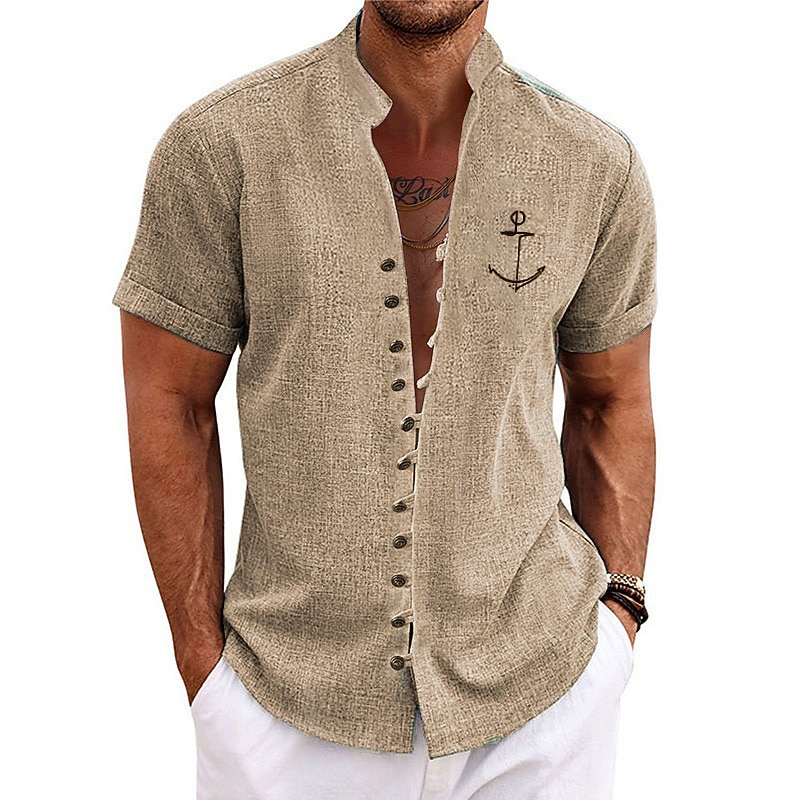 Men's Nautical Anchor Shirt Button Up Shirt Short Sleeve Fashion Streetwear Designer Outdoor Vacation Daily Summer Spring Stand Collar Print Blue Green Khaki Gray Light Blue4