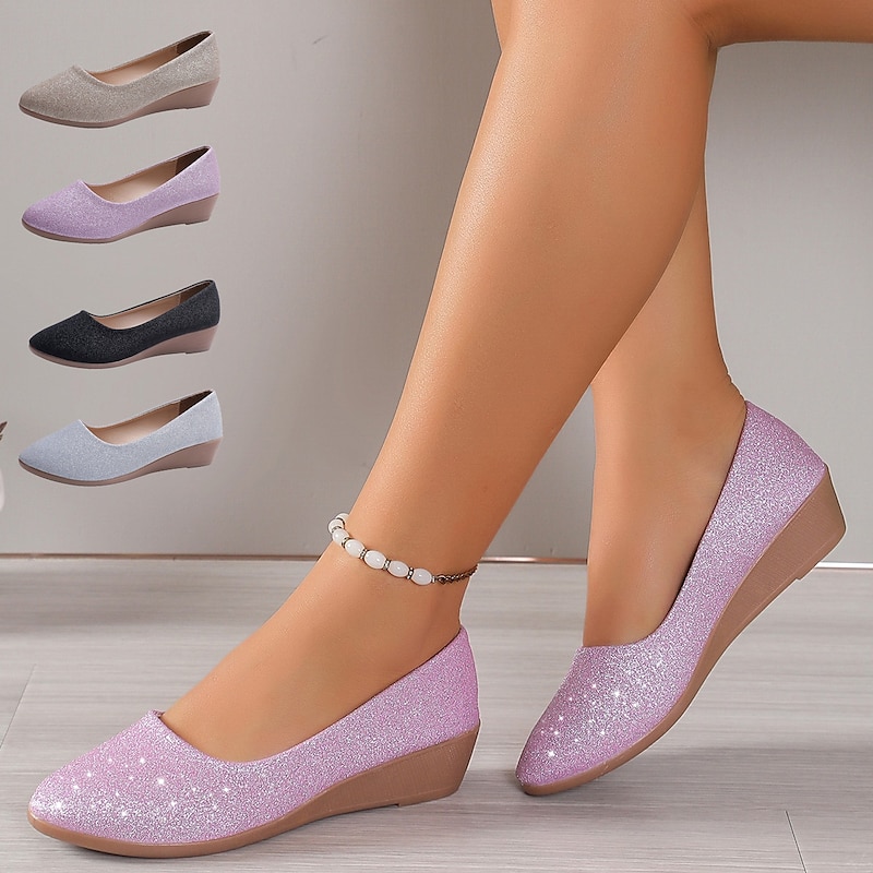 Women's Pink Glitter Wedge Flats – Comfortable Slip-On Sparkly Flats for Casual Outings, Parties, and Everyday Wear