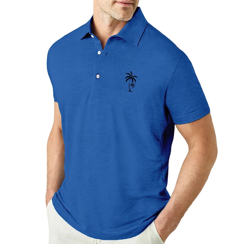 Men's Coconut Tree Graphic Prints Polo Shirts Lapel Polo Graphic Polo Button Up Polos Cotton Polo Shirt Short Sleeve Shirt Turndown Outdoor Street Black White Pink Navy Blue Blue Print Clothing3